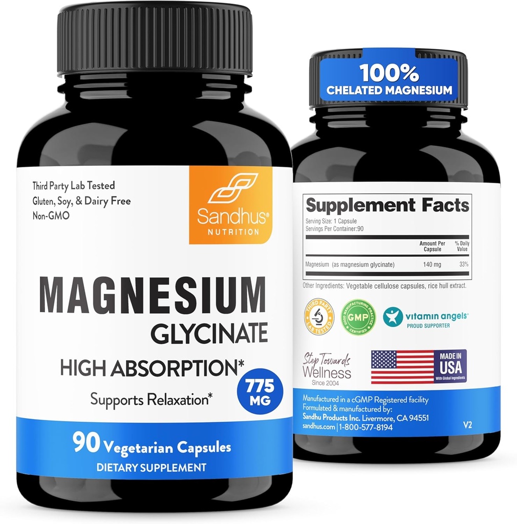 La Absorción Superior de Sandhu Magnesium Glycinate 775mg sometida140mg Magnesio Elemental Capsules vidas90 Conde, 90 Días Suministros VidasApoyos Descanso sueño &amp; musculoso salud TENPure, No GMO &amp; Gluten Gratis