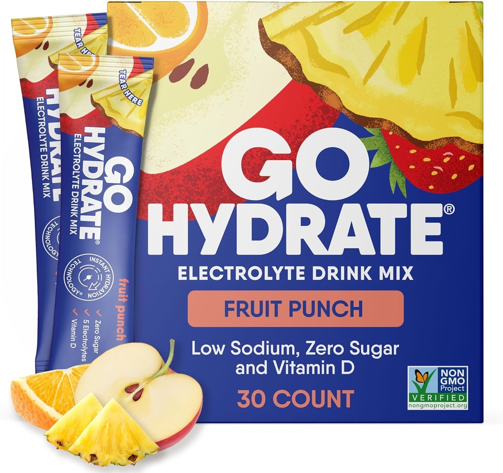 GoHydrate Instant Hydration Powder Packets - Low Sodium Electrolytes Drink Mix - Natural Hydration Support, Sugar Free Electrolyte Flavored Powder Drink with Vitamin D, 30 Packs, Fruit Punch