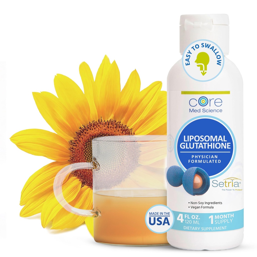 Core Med Science Liposomal Glutathione Liquid Supplement (500mg, 4 Fl Oz) - Pure Reduced Setria with Phospholipid Complex - Antioxidant Supplement for Energy, Brain Health, Skin &amp; Liver Health