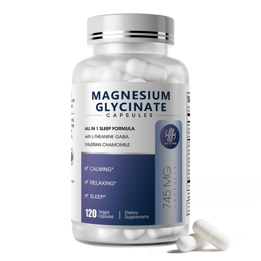 Magnesium Glycinate 850mg Capsules con L-Theanine, Chamomile & GABA para el sueño, la calma, el músculo, la salud ósea &amp; Immune Support, Magnesium for Women and Men, Vegan, Alta absorción, 120 Condes