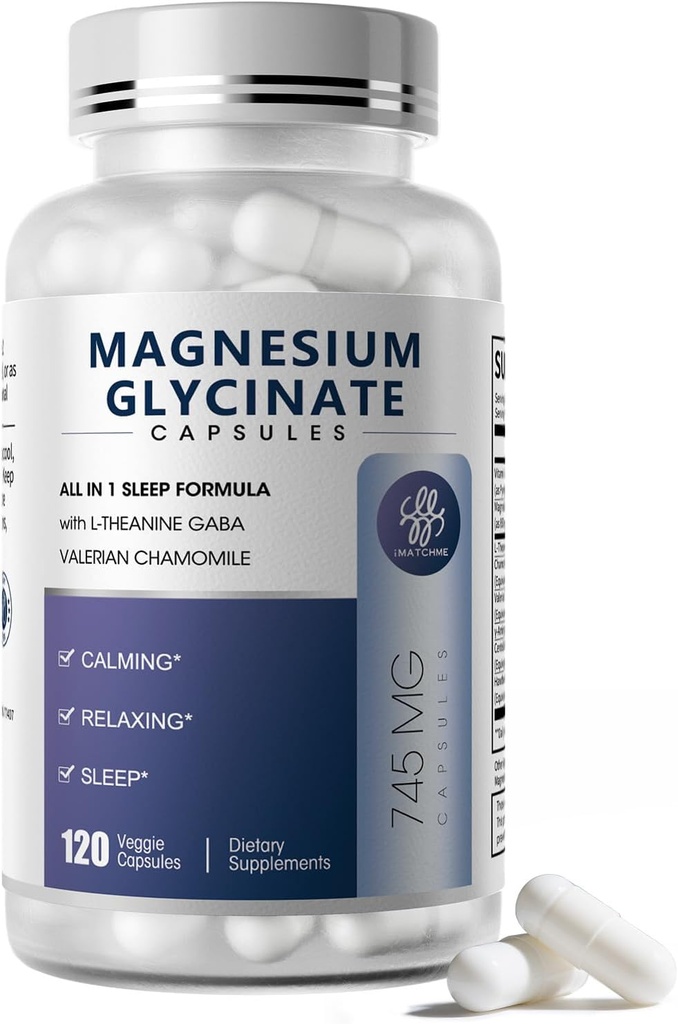 Magnesium Glycinate 850mg Capsules con L-Theanine, Chamomile & GABA para el sueño, la calma, el músculo, la salud ósea &amp; Immune Support, Magnesium for Women and Men, Vegan, Alta absorción, 120 Condes