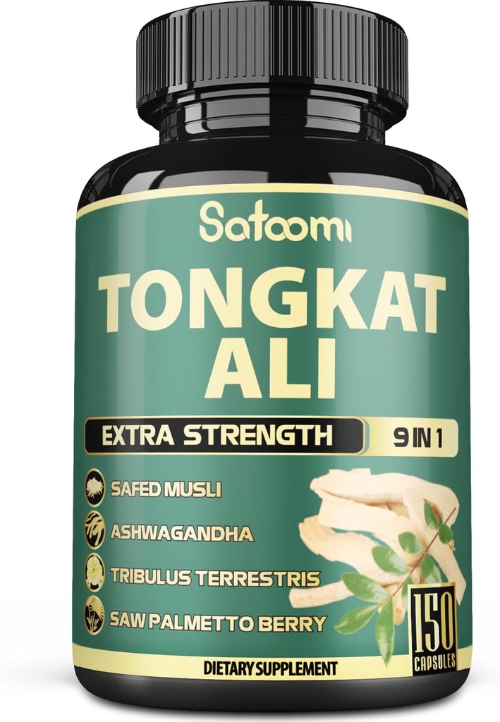 Satoomi 9in1 Tongkat Ali Root Extract 200:1 - Ashwagandha, Tribulus Terrestris - 150 cápsulas para 5 meses - Apoyo Strength, Energy &amp; Healthy Immune
