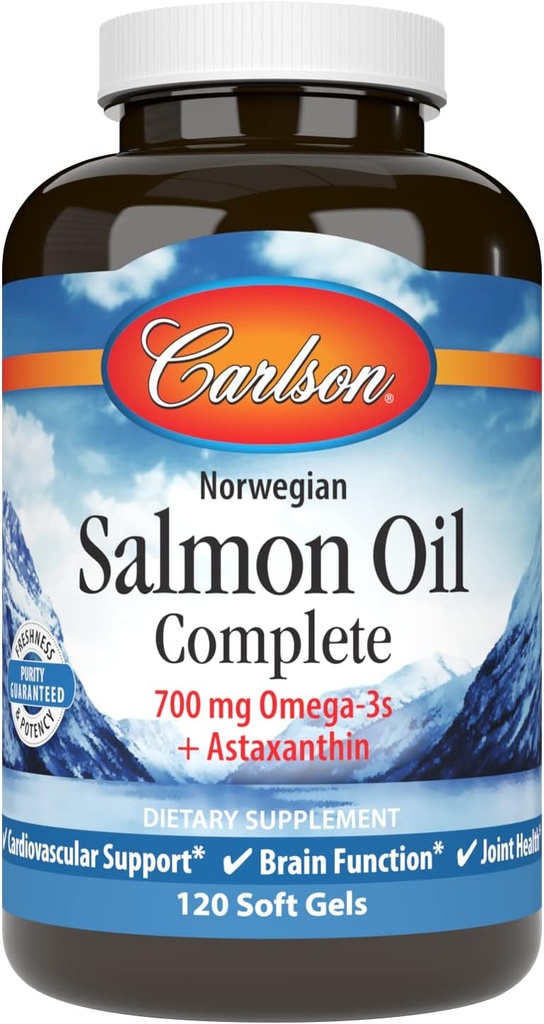 Carlson - Aceite de Salmón Completa, 700 mg Omega-3s + Astaxanthin, Cardiovascular Support, Función cerebral " Salud Conjunta, 120 geles suaves