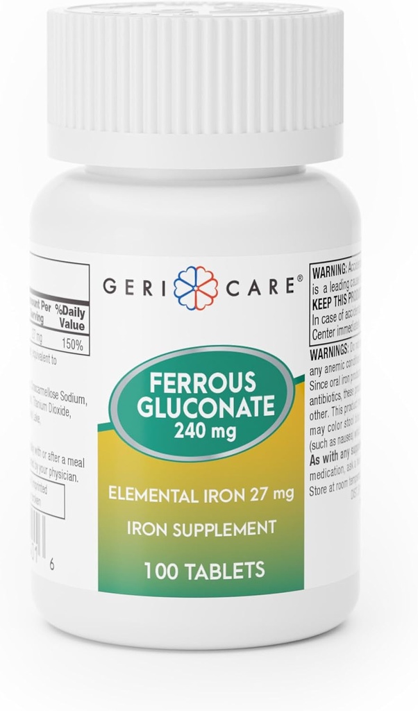 Gericare Iron 27mg Ferrous Gluconate 240mg, Iron & Energy Suplement, 100 Conde (Pack of 1)