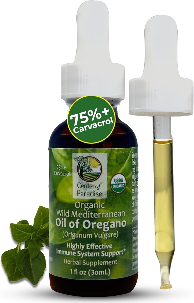 Centro de Paraíso Aceite Mediterráneo Salvaje de orégano con 75%+ Carvacrol (1 h oz) Aceite de orégano certificado gotas orgánicas en aceite de oliva virgen extra para inmune* &amp; respiratorio* Soporte, Aprox 450 Servimientos