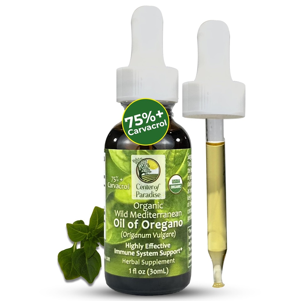 Centro de Paraíso Aceite Mediterráneo Salvaje de orégano con 75%+ Carvacrol (1 h oz) Aceite de orégano certificado gotas orgánicas en aceite de oliva virgen extra para inmune* &amp; respiratorio* Soporte, Aprox 450 Servimientos