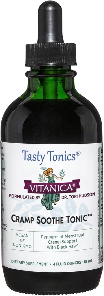 Vitanica Cramp Soothe Tonic, Dr Formulated Menstrual Cramp Support, con Black Haw Bark, Valerian Root, Ginger Root, y Garrya Herb, Alcohol Free, Vegan, 4 Ounce