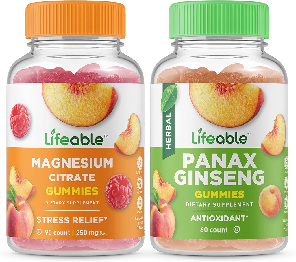 Magnesio salvavidas 85mg + Panax Ginseng, Gummies Bundle - Gran Tasting, Suplemento de vitamina, Gluten Gratis, GMO Gratis, Chewable Gummy