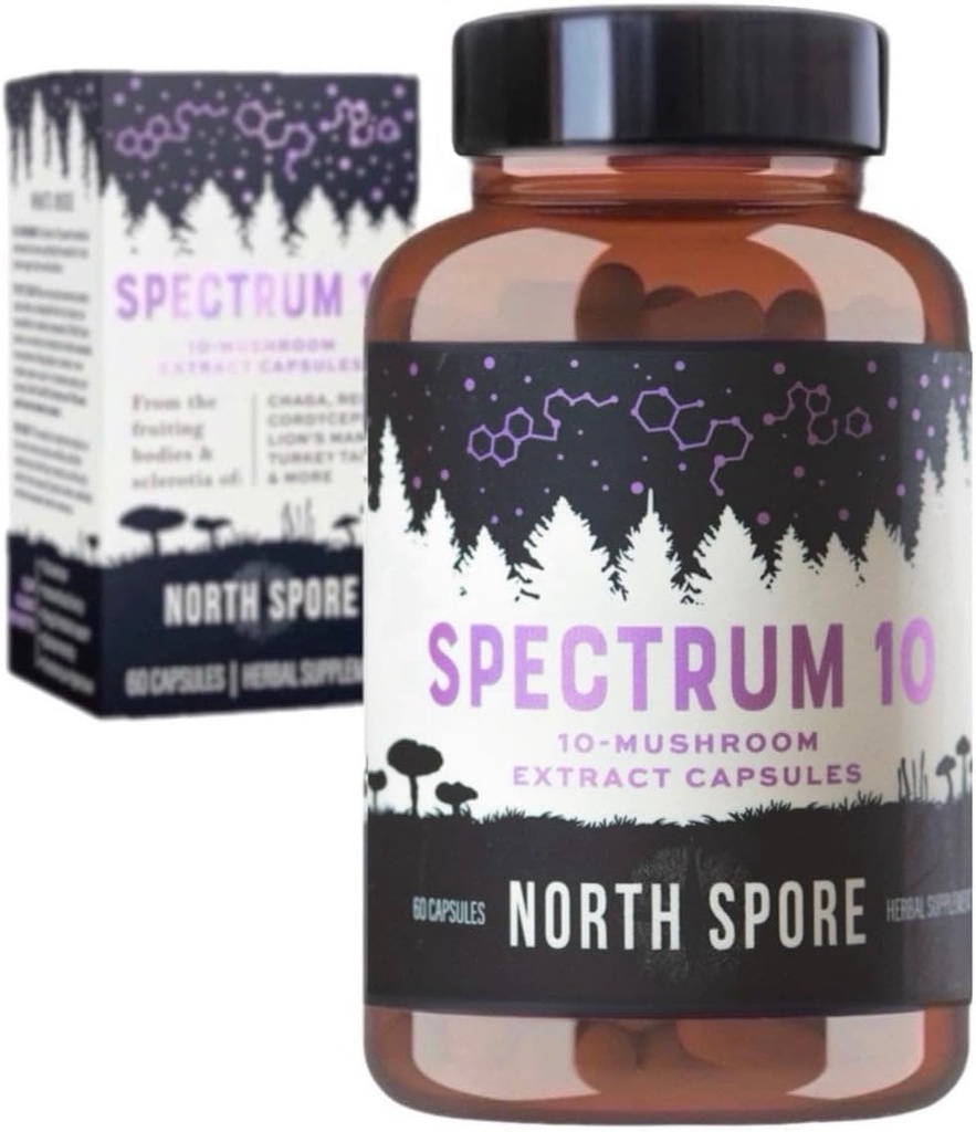 North Spore Organic 'Spectrum 10' High Potency Mushroom Capsules ← Cognitive Supplement  Lion's Mane, Chaga, Cordyceps, Reishi, Turkey Tail ← 10 Medicinal Mushrooms TEN Energy, Focus, Clarity - 60ct