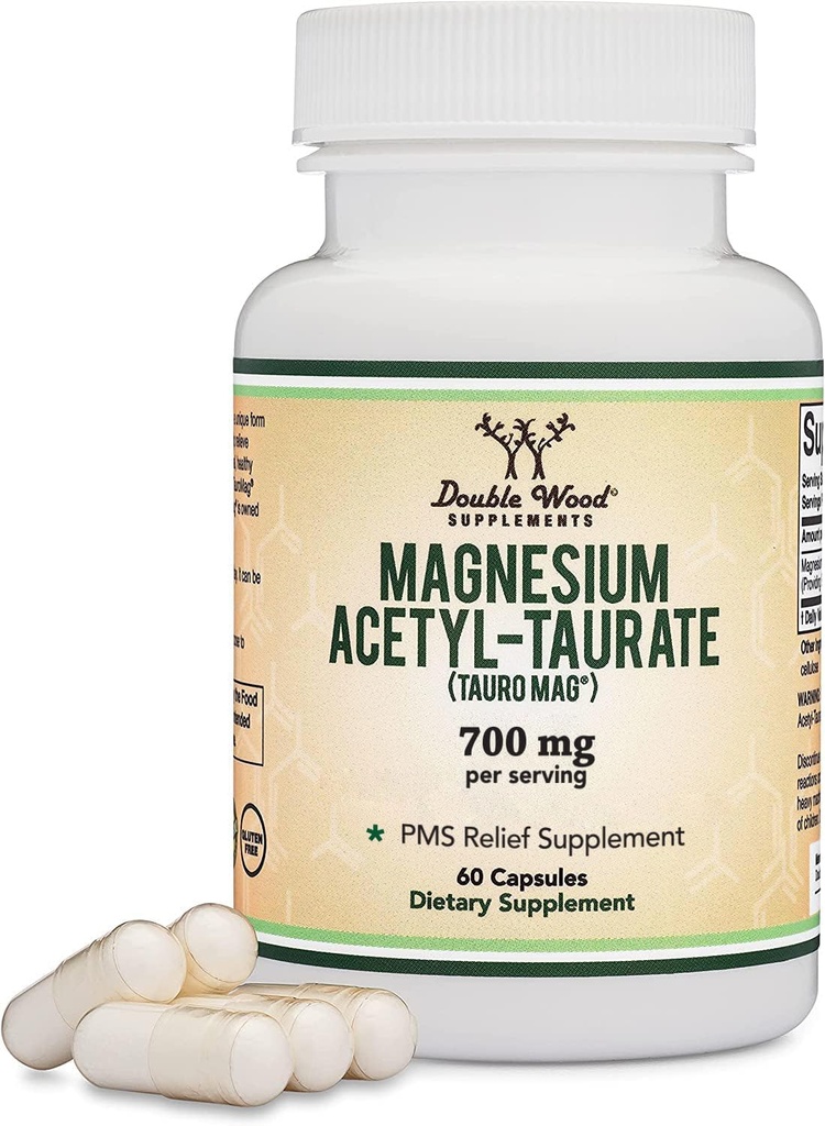 Magnesio Acetyl-Taurate (ATA MG, TauroMag) Forma nominal y patentada de Magnesio para PMS y Alivio de cáñamo (60 cápsulas, 350 mg) Suplemento de magnesio de alivio PMS por Suplementos de madera doble