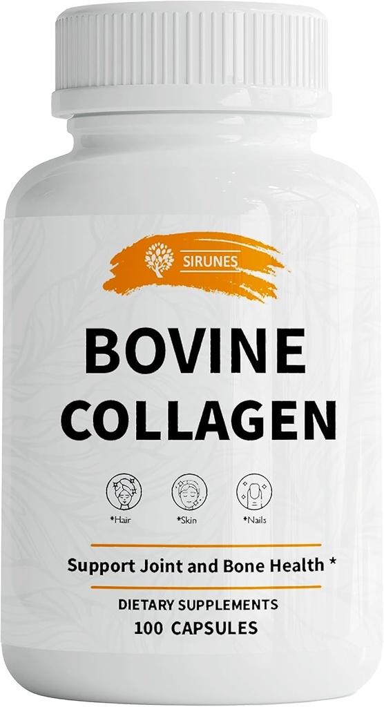 SIRUNES Bovine Collagen Suplementos para Hombres y Mujeres I Hidrolyzed Grass Fed Bovine Collagen Peptides Suplemento dietético para Soporte Conjunto, Nerve & Bone - Non-GMO, Anti-Aging - 100 cápsulas