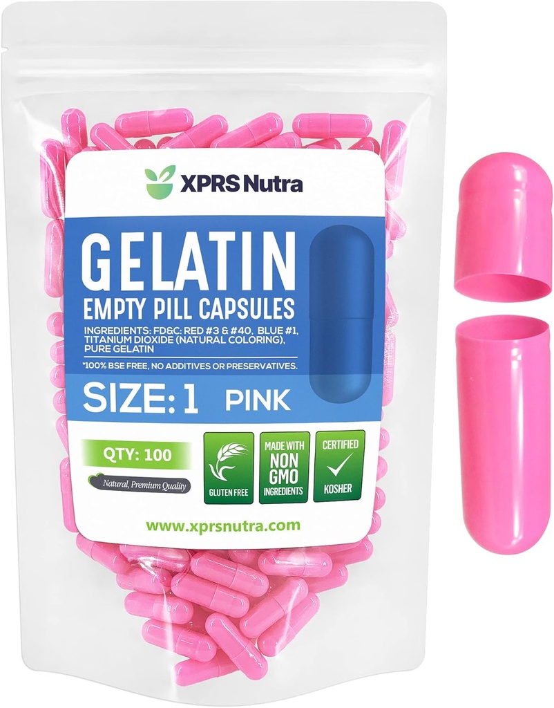XPRS Nutra Size 1 Empty Capsules - 100 Conde Empty Gelatin Capsules - Pills for DIY Capsule Filling - Pure Bovine Pill Gel Caps for Do-It-youself Supplements (Pink)