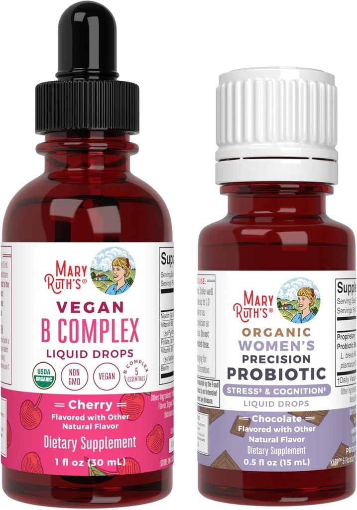 MaryRuth Organics Stress & Cognition Probiotic (Chocolate) for Women & B Complex Drops ← USDA Organic, Clean Label Project Verified® ← Vitaminas para la Relajación, Metabolismo, " Health TEN Vegan, Gluten