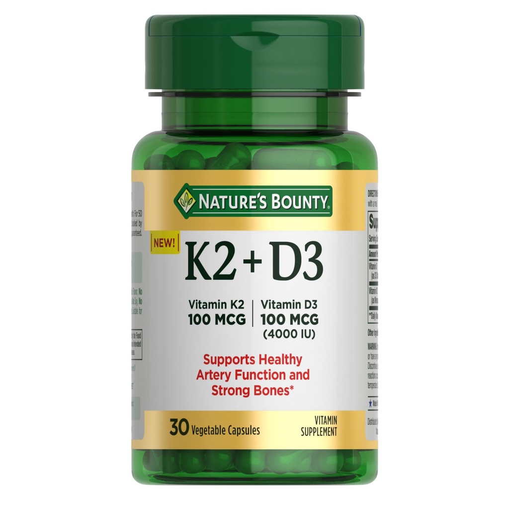 Suplemento de vitamina D3 K2 de la naturaleza, 4000 UI Vitamina D3 más 100 mcg de suplementos de vitamina K para adultos para el soporte de salud del corazón " , fuente de 30 días, 30 cápsulas vegetarianas