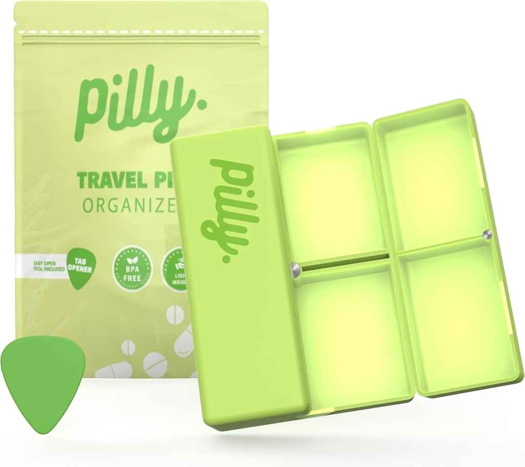 Magnetic Pill Organizer w 7 Compartments, Essential Quick Travel Pill Organizer w Foldable Design&Magnetic Button & Tab,Pill Case EasytoCarry, Vitamin, Supplements and Medicine Holder-Lime Green