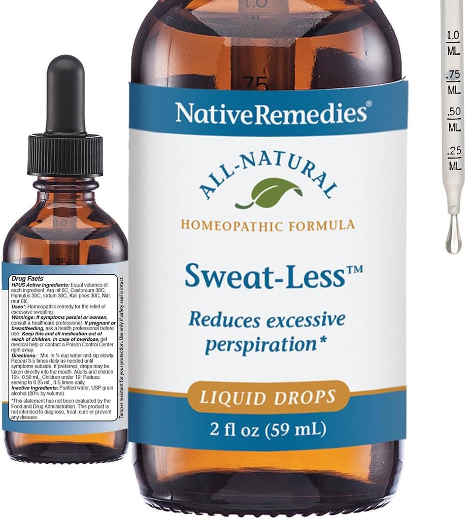 Remedios nativos Sweat-Less - Fórmula Homeopática Natural para Sudoración Excesiva, Perspiración y Clammines - 59 mL