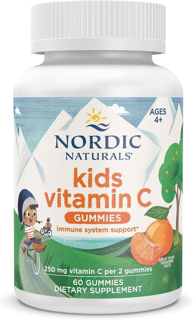 Naturales nórdicos Niños Vitamina C Gummies - Tangerina Tangy - 60 Gummies - Vitamina Vegan Suplemento C - Apoyo a la Inmunidad y Antioxidante Infantil - 250 mg por Serving - 30 Serviciones