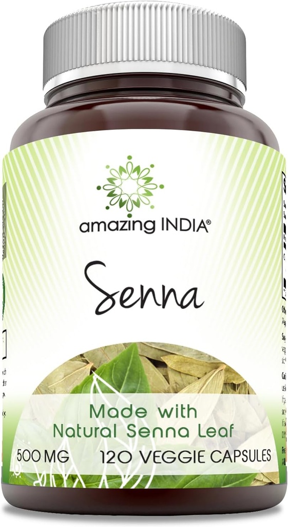 Amazing India Senna (Made with Natural Senna) 500 Mg per Serving 120 Veggie Capsules Suplemento Silencio Non-GMO TEN Glute-Free