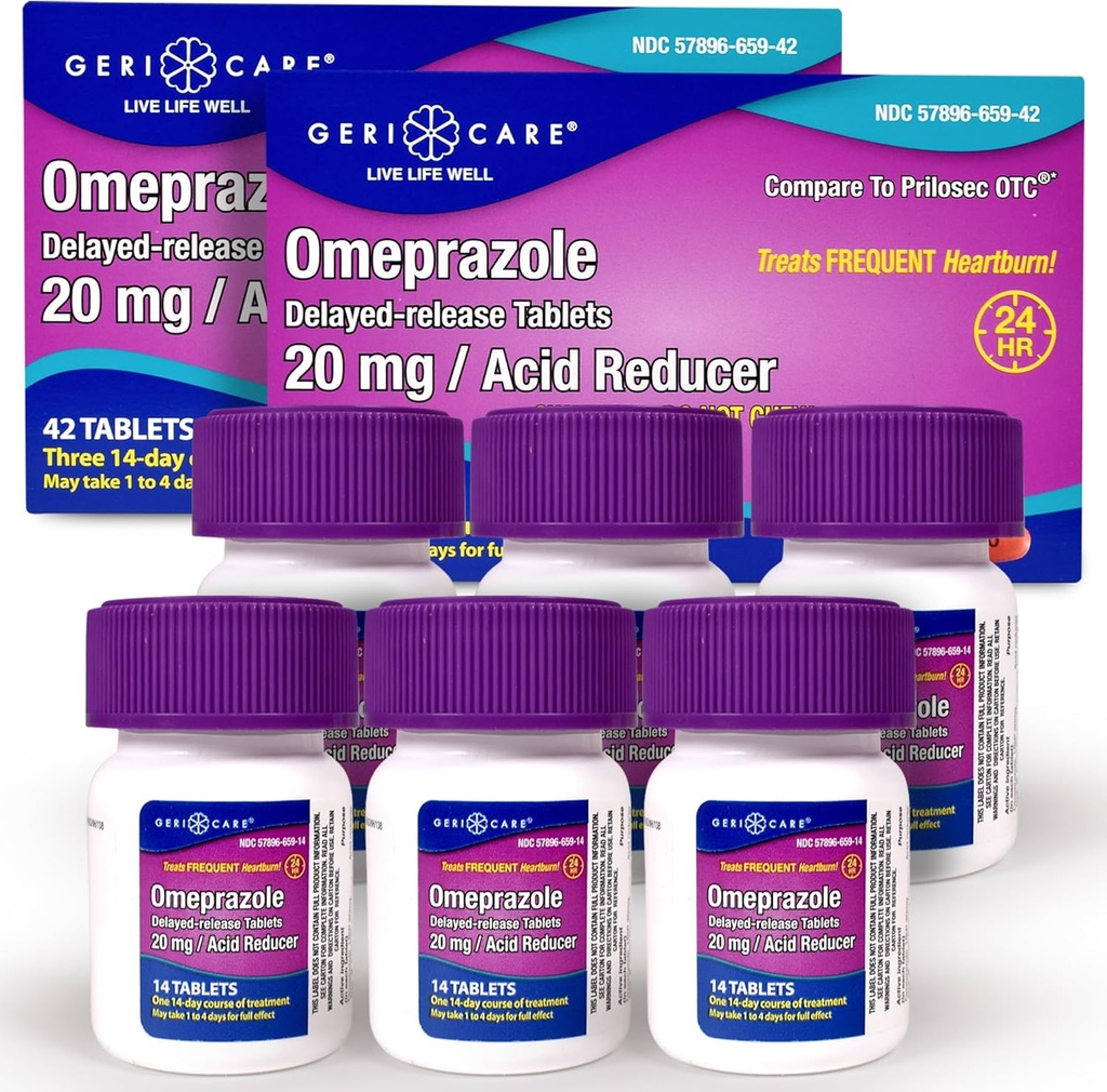 GeriCare Omeprazole Delayed Release Tablets 20mg Stomach Acid reducer Pills for 24 hours Heartburn Relief- Acid Reflux Medicine to Treat Frequent Heartburn- Anti-Acid Relief Tablets 42 Count (2 Pack)
