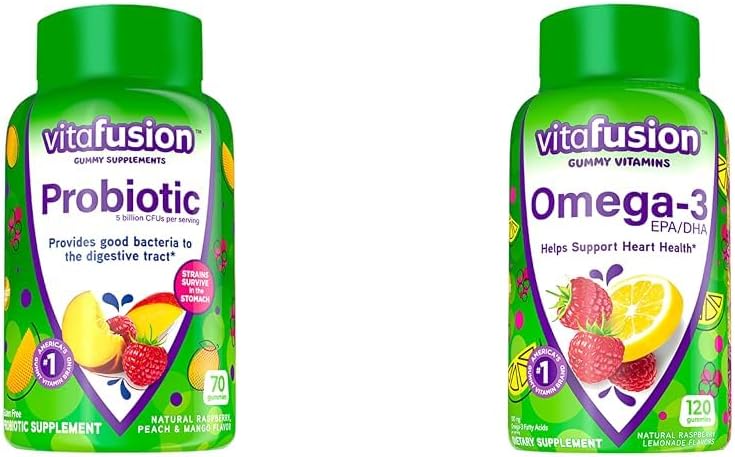 Vitafusion Probiotic Gummy Suplementos, Raspberry, Peach y Mango Flavors & Omega-3 Gummy Vitaminas, Berry Lemonade Flavored, Heart Health Vitamins(1) con Omega-3