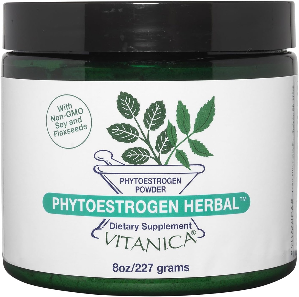 Vitanica Phytoestrogen Herbal Non-GMO PMS, Menopause Relief Supplement for Women, Hormone Balance, Night Sweats & Hot Flash Relief, Soy Isoflavones, Vegan, Polvo 8 Oz (Phytoestrogen Herbal Pro Logo)