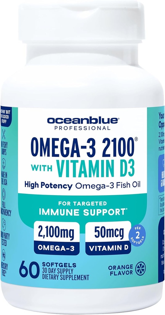 Oceanblue Professional Omega-3 2100 with Vitamin D3 – 60 ct – Triple Strength Burpless Fish Oil Supplement with High-Potency EPA, DHA, DPA and Vitamin D3 – Wild-Caught – Orange Flavor (30 Servings)
