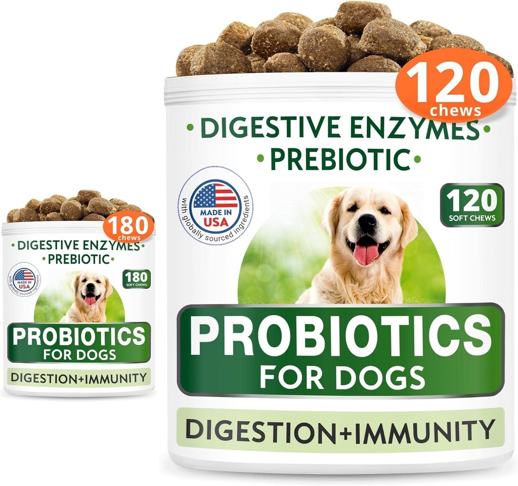 Probióticos para perros Buzón de cerdas - Gas, Diarrea, Alergia, Estreñimiento, Alivio de estómago, con Enzimas Digestivos + Prebióticos - Suplemento de fibra Chewable - Mejorar la digestión, Inmunidad - 300 Cerdos blandos