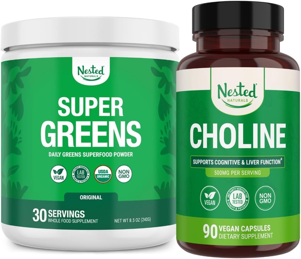 Anidados Naturales Super Verdes " Choline Bundle ← Polvo Superalimentario con Probióticos " Fiber " Choline Bitartrate for Cognitive Function " Clean Energy