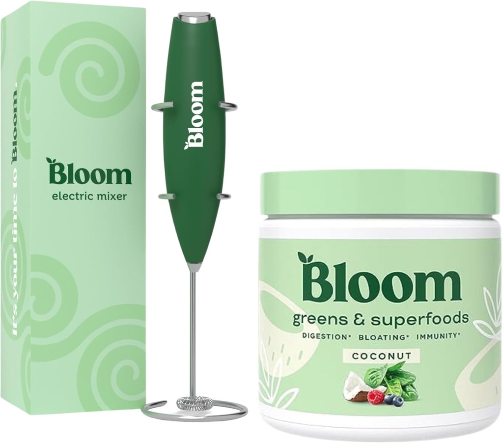 Bloom Nutrition Superfood Greens Powder, Digestive Enzymes with Probiotics and Prebiotics, Gut Health, Bloating Relief, Coconut + Milk Frother High Powered Hand Mixer
