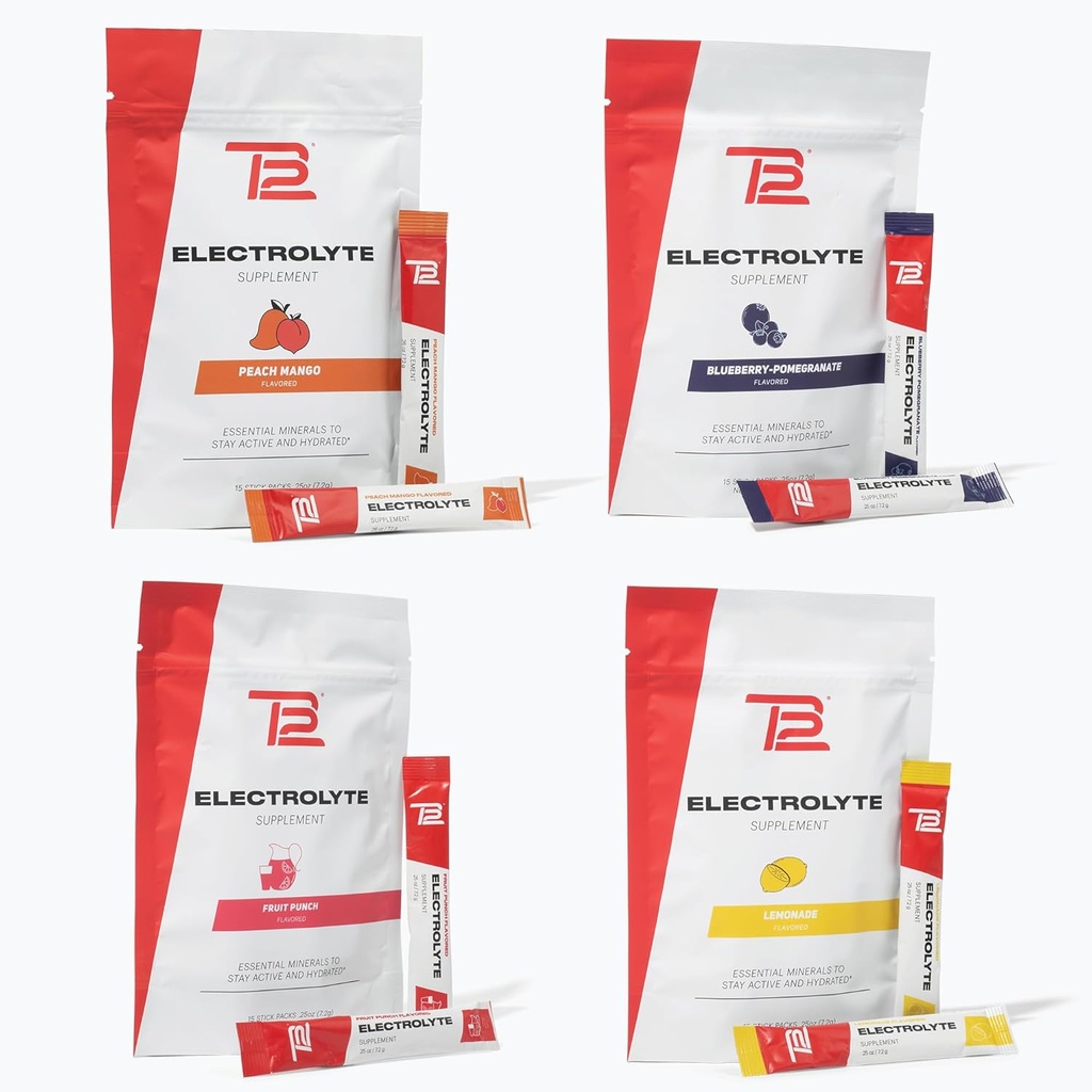 TB12 Electrolyte Powder for Fast Hydration by Tom Brady, 4-Pack Stickpacks (Lemonade, Blueberry Pomegranate, Fruit Punch & Peach Mango), Natural, Easy to Mix. Low Sugar, Low Calorie (60 Servings)