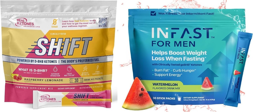 Real Ketones Intermittent Fasting Drink Mix Bundle for Weight Loss Support Raspberry Lemon Shift Electrolytes & Intermittent Fasting Electrolytes for Hombres with BHB Exogenous Ketones (30 Cuenta Cada)