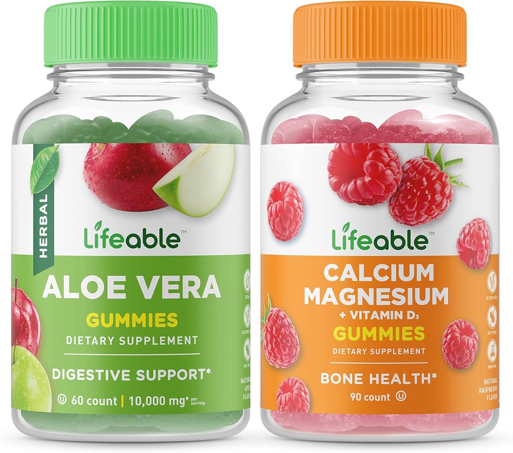 Lifeable Aloe Vera + Magnesio de calcio, Bundle de Gummies - Gran Tasting, Suplemento de vitamina, Gluten Gratis, GMO Gratis, Chewable