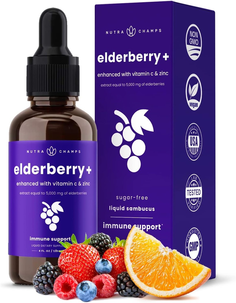 NutraChamps Organic Elderberry Syrup - 5000mg Elderberry Extract with Vitamin C & Zinc - Black Elderberry Liquid Drops - Sugar-Free Immunity Booster, Vegan, Sin gluten