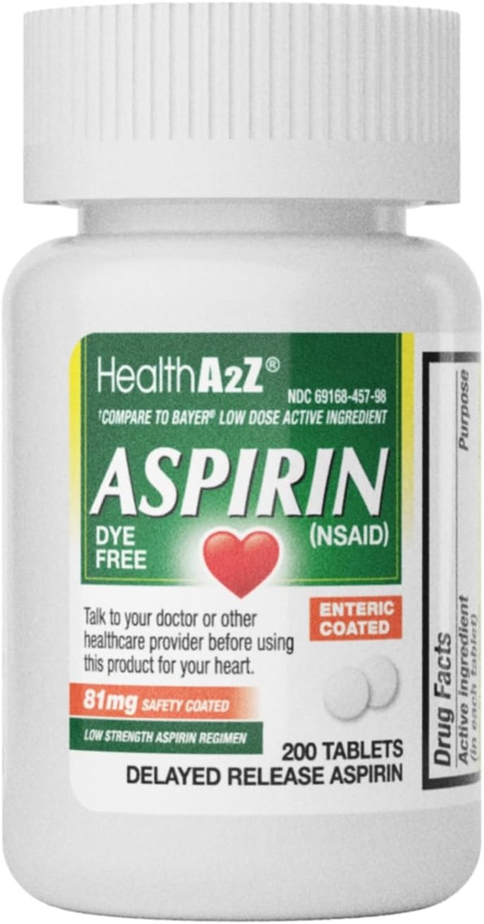 HealthA2Z® Aspirin 81 mg | DYE Free | Low Strength | 200 Counts | Pain Relief | Reduces Minor Aches Muscle Pain & Cramps | Fever Reducer | Reduces Headache | (NSAID)