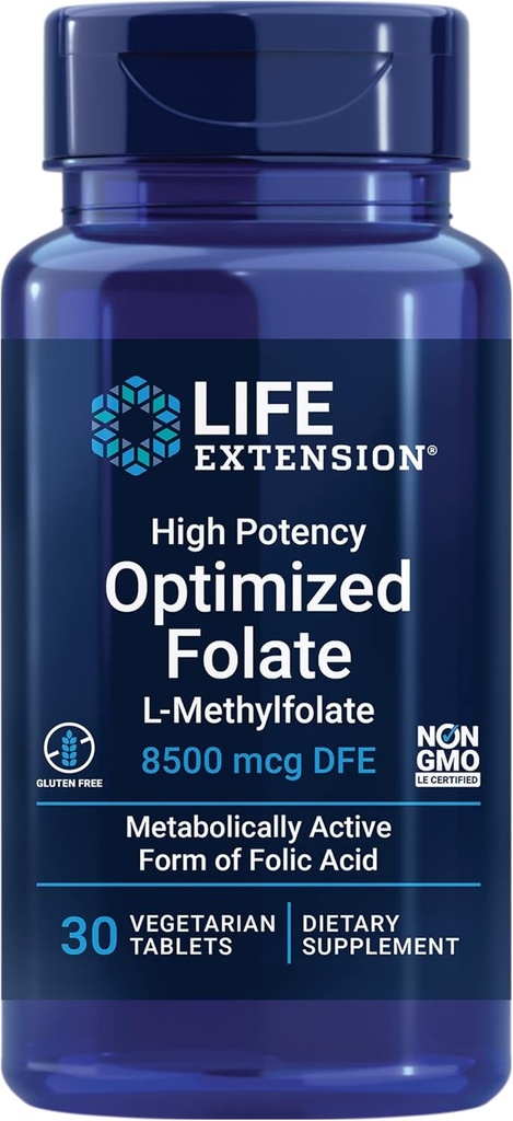 Folato optimizado para la extensión de vida – L-methylfolate – Ácido fólico, 8500 mcg DFE – Heart & Brain Support, Healthy Homocysteine Levels – Gluten-Free, Non-GMO, Vegetarian – 30 Tablets