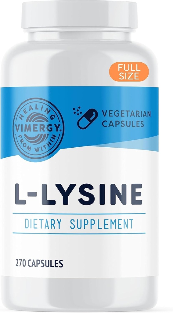 Vimergy L-Lysine – Promueve la piel sana, el pelo y las uñas* – Apoya el metabolismo saludable* – Vegan, No Gluten-Free – 270 cápsulas