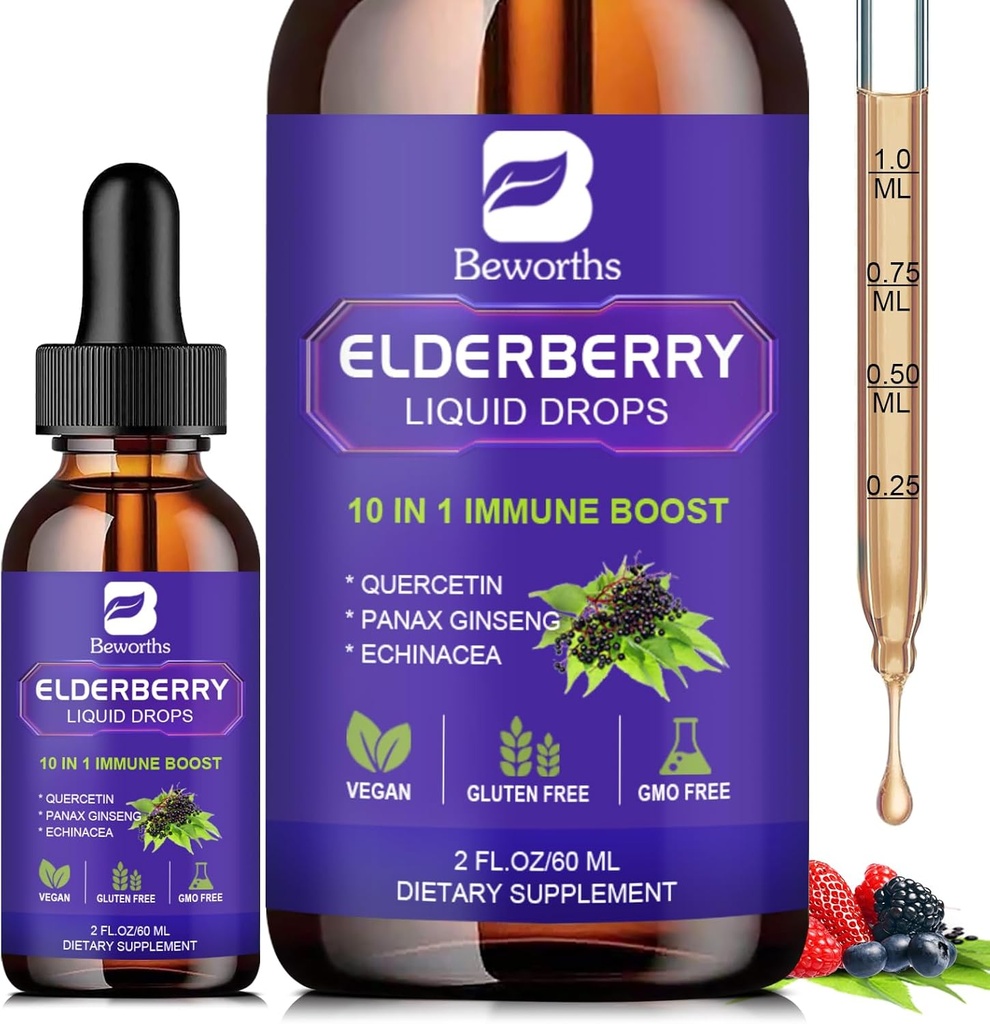 Elderberry Syrup Black Elderberry Drops with Quercetin, Panax Ginseng, Vitamin C and Zinc, Sambucus Elderberry Syrup Liquid, Vegan, Non-GMO & Gluten Free