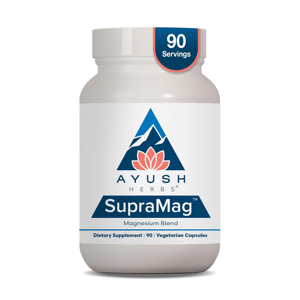 Ayush Herbs SupraMag - Magnesium Blend, 400mg Magnesium Complex Suplemento con Chelated Magnesium Bisglycinate, Citrate, Ororate para el sueño, Energía, & Brain Health - 90 Vegetarian Capsules (1 Conde)
