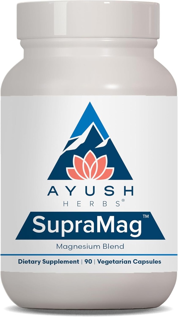 Ayush Herbs SupraMag - Magnesium Blend, 400mg Magnesium Complex Suplemento con Chelated Magnesium Bisglycinate, Citrate, Ororate para el sueño, Energía, & Brain Health - 90 Vegetarian Capsules (1 Conde)