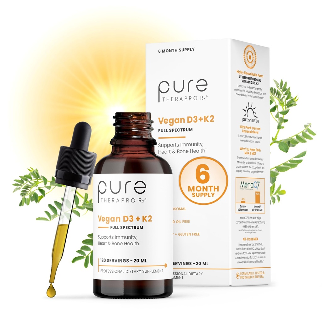 Pure Therapro Rx Vegan D3 + K2 Organic 100% Liposomal 20ml Made in USA | 6 Month Supply | Maximum Absorption Vitamin D3 and Vitamin K2 Supplements for Men and Women, D3 Vitamin 5000 IU
