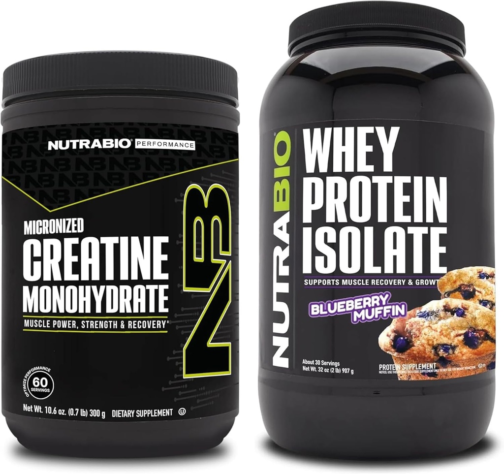 NutraBio Monohidrato de Creatina, Desflavorado, 300g y Whey Protein Isolate, Blueberry Muffin, Suplemento Bundle - Muscle Energy, Lean Muscle Growth, Recovery, and Strength