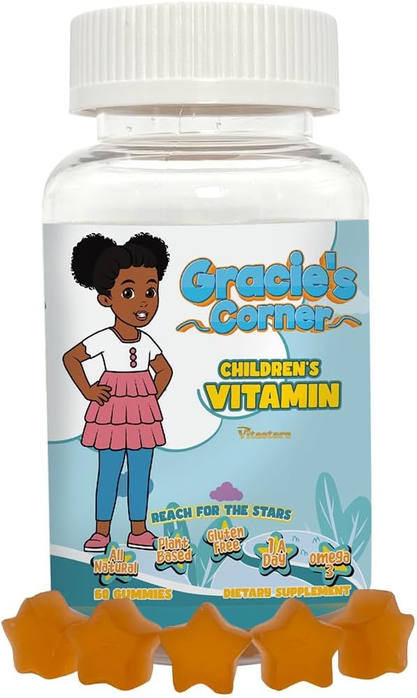 Gracie’s Corner Stars Kids Multivitamin Gummies with Omega 3 - Children’s Vitamins A, B, C, D - Star-Shaped Toddler Multivitamins, Plant-Based, Gluten-Free Kids Gummy Vitamins, 60 Conde