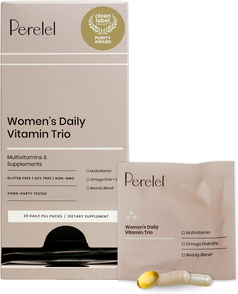 Perelel Womens Daily Vitamin Trio, Multivitamina, Omega 3 Dha + EPA, &amp; Belleza Blend Suplementos para Nutrient Support &amp; Wellness general, Soya, Dairy &amp; Gluten Free Non GMO Formula, 30 Daily Pill Packs