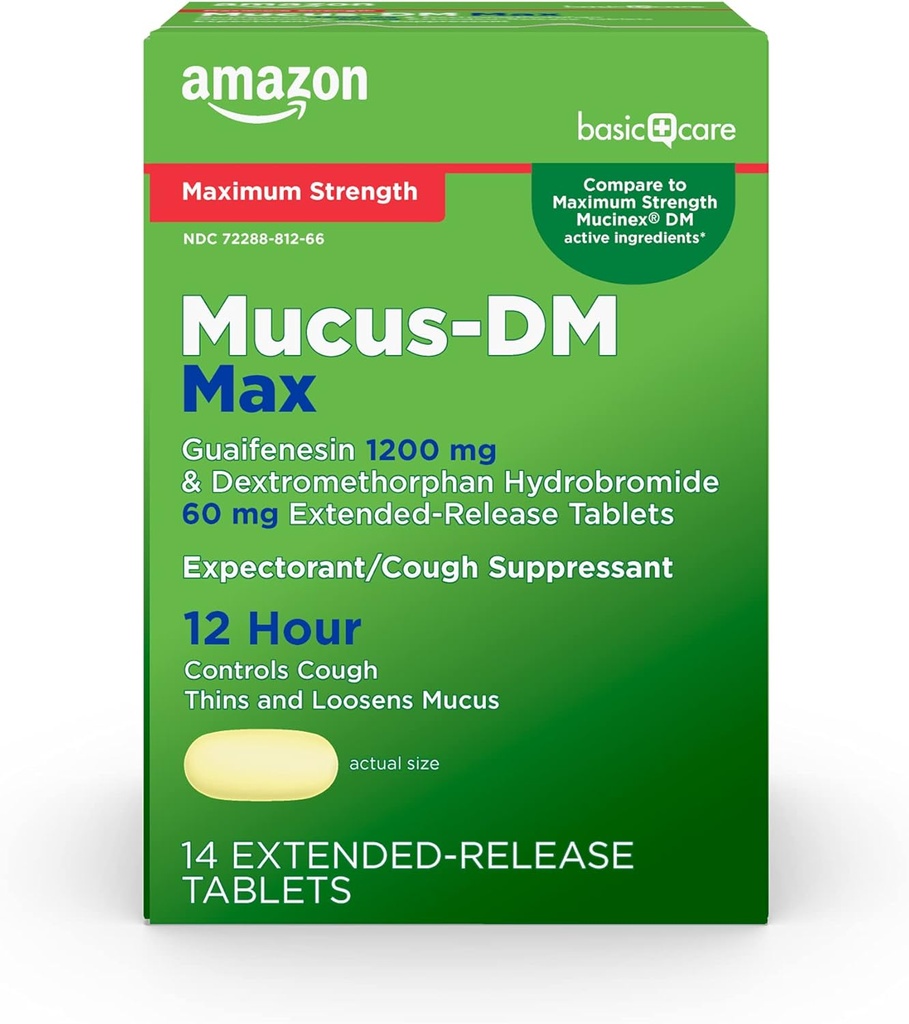 Cuidado básico Mucus DM de fuerza máxima, expectorante y sopresivo de tos, 14 Tabletas