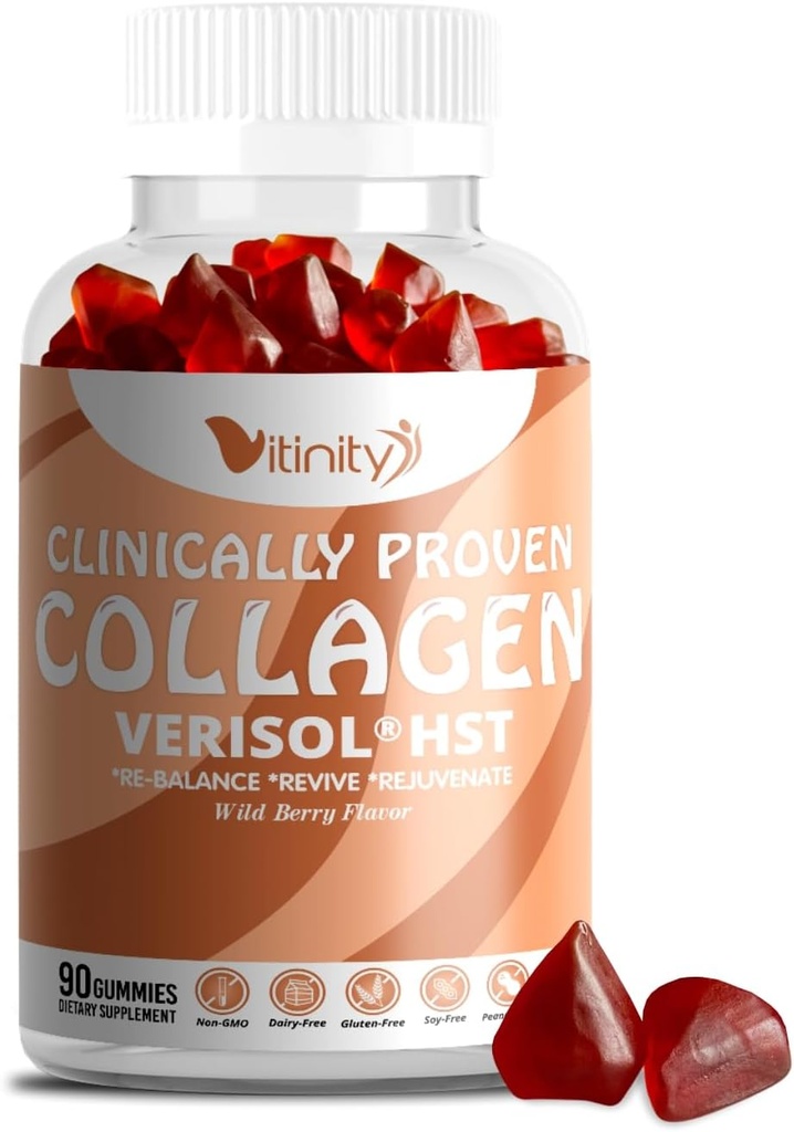 VITINITY VERISOL® HST+HA+VIT C Collagen Hard Chewy Gummies Clinically Proven Beauty. Firme,Smoother Skin,Swer Wrinkles,Reduced Cellulite. Belleza verdadera desde dentro. El Look-Good Feel-Good -30 Day Supply