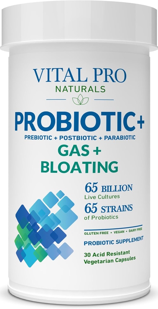 Vital Pro Naturals - Gas &amp; Bloating Probióticos + Prebióticos, Postbióticos, Parabióticos, Suplemento de Salud 4-en-1 para Adultos, Alta Potencia, 65 Estrenos, Una vez Digestivo diario y Soporte Inmunitario, 30 ct