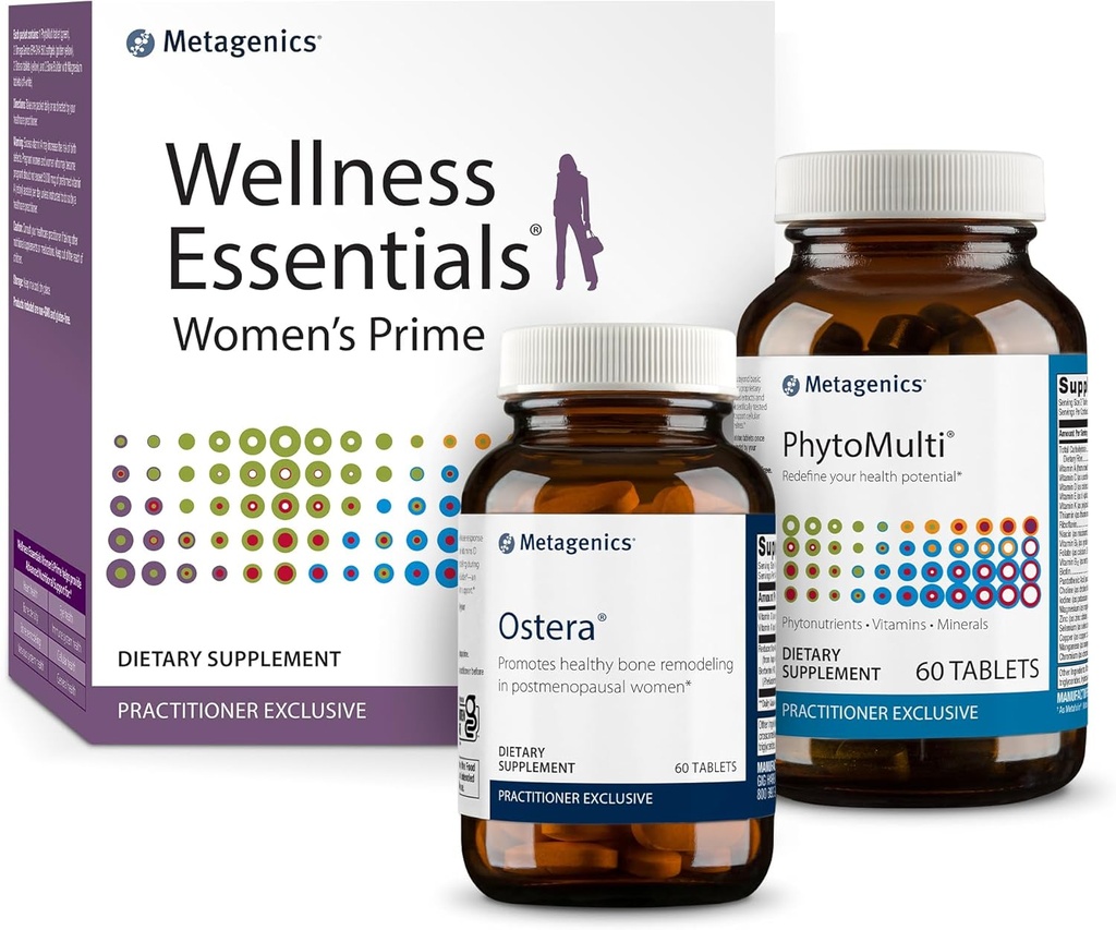 Metagenics Ostera - 60 Tablets, PhytoMulti Sin Hierro - 60 Tablets, y Wellness Essentials Women's Prime - 30 Count