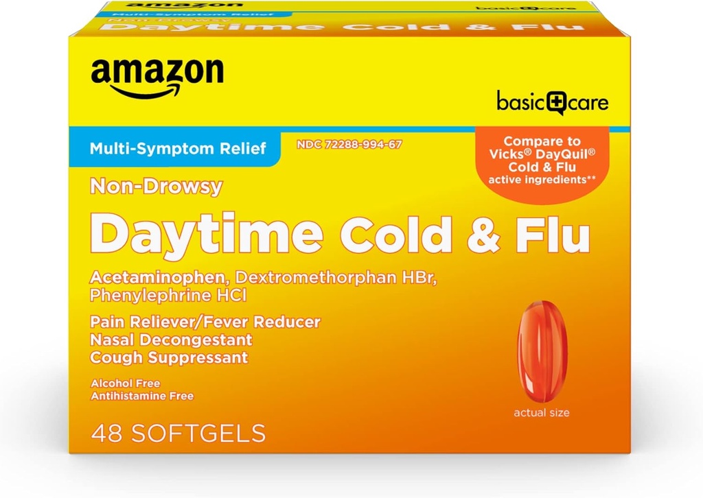   Basic Care Daytime Cold and Flu Relief Liquid Caps Softgel, Non-Drowsy Cold Medicine, Relief of Pain, Fever, Cough, Sore Throat, Nasal Congestion, 48 Count