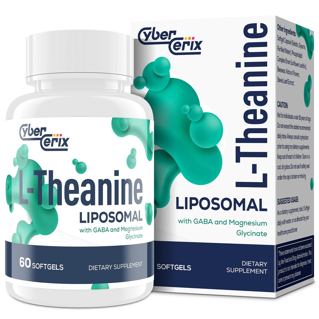 Liposomal L-Theanine 500mg, Complejo con GABA 200mg &amp; Magnesium 100mg, Suplemento Extra Strength para la calma, la relajación " Focus, Gluten Free - 60 cápsulas