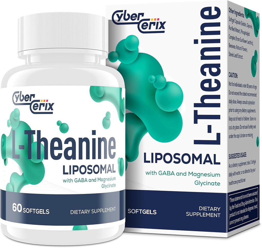 Liposomal L-Theanine 500mg, Complejo con GABA 200mg &amp; Magnesium 100mg, Suplemento Extra Strength para la calma, la relajación " Focus, Gluten Free - 60 cápsulas